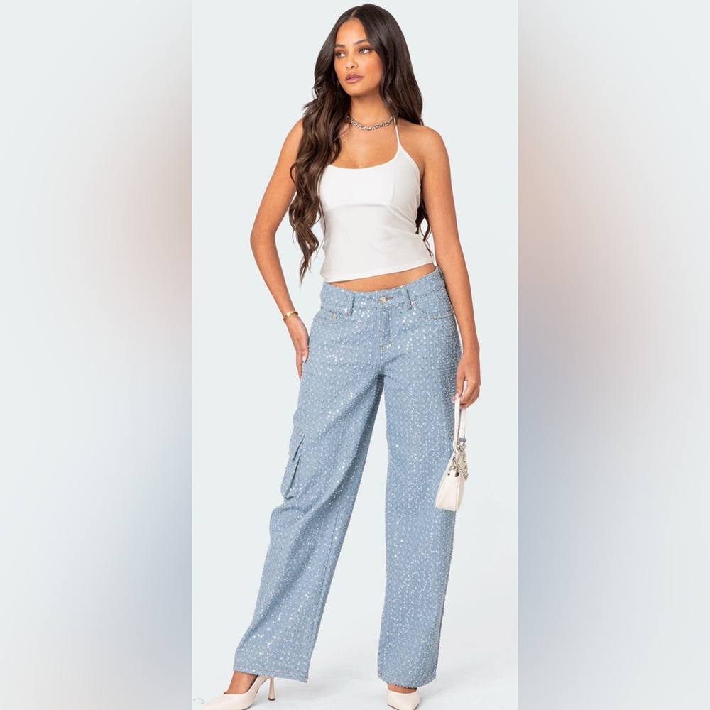 Edikted Icing Light Blue Sequin Low Rise Baggy Cargo Jeans Sz XS $97 NWT